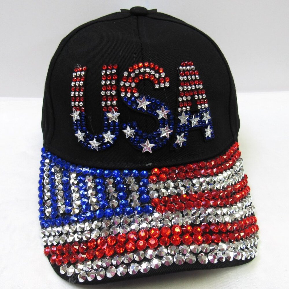 USA Patriotic Bling American Flag Rhinestone Crystal Sparkle Baseball Cap Hat